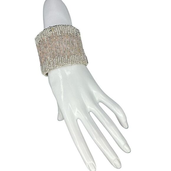 NWT Buckle Beaded Wide Cuff Fashion Bracelet Over Silver Tone - Picture 2 of 7